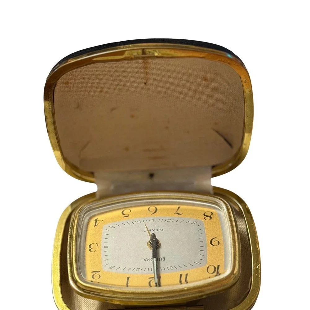 Europa Vtg Travel Alarm Clock 2 Jewels Manual Wind Germany Black‎ Gold Case